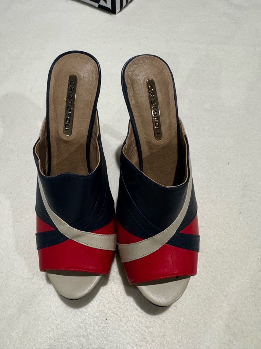 Navy, Red & Cream Leather Slide Sandals